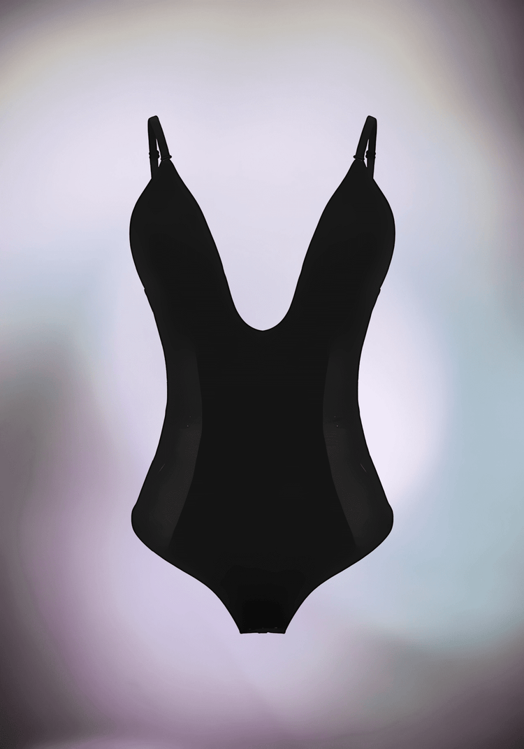 Black low back thong bodysuit with adjustable straps and sculpting seamless fit for wedding and party dresses