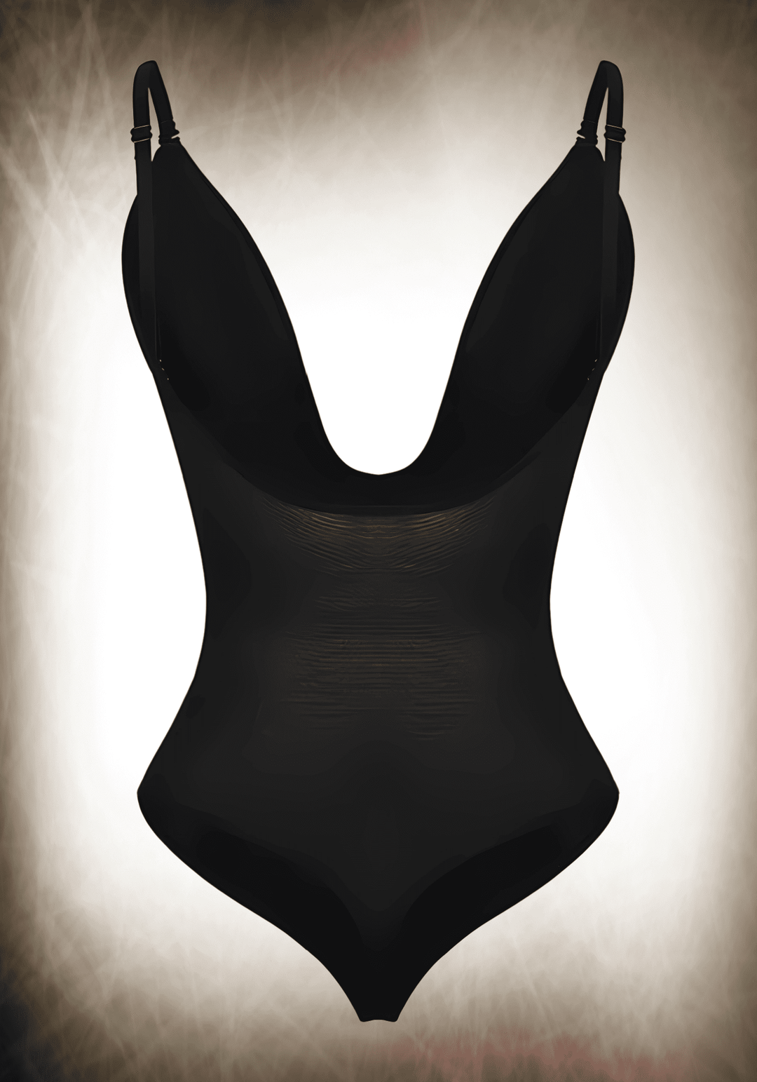 Black low back thong bodysuit with adjustable straps and sculpting tummy control for wedding and party dresses