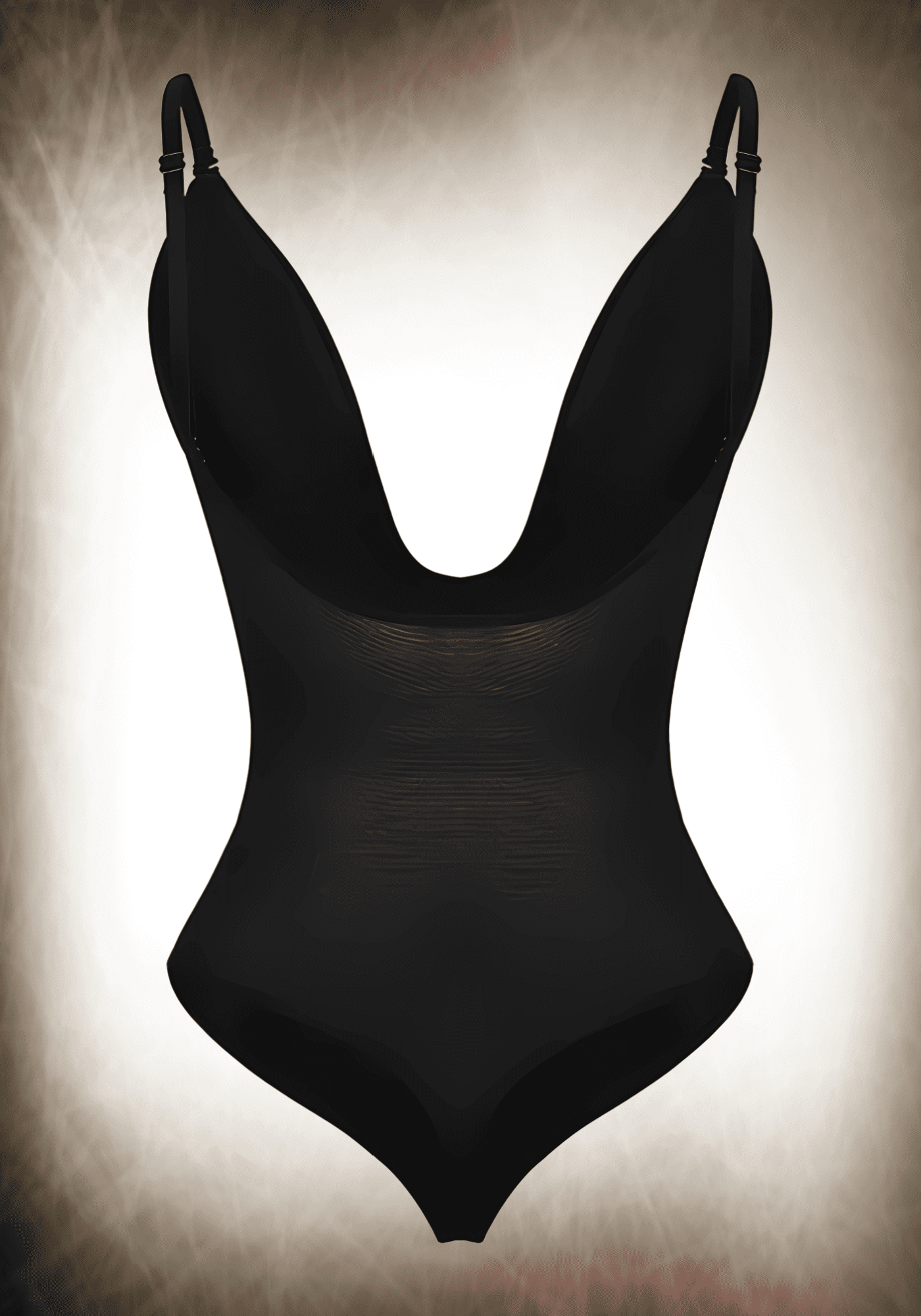 Black low back thong bodysuit with adjustable straps and sculpting tummy control for wedding and party dresses