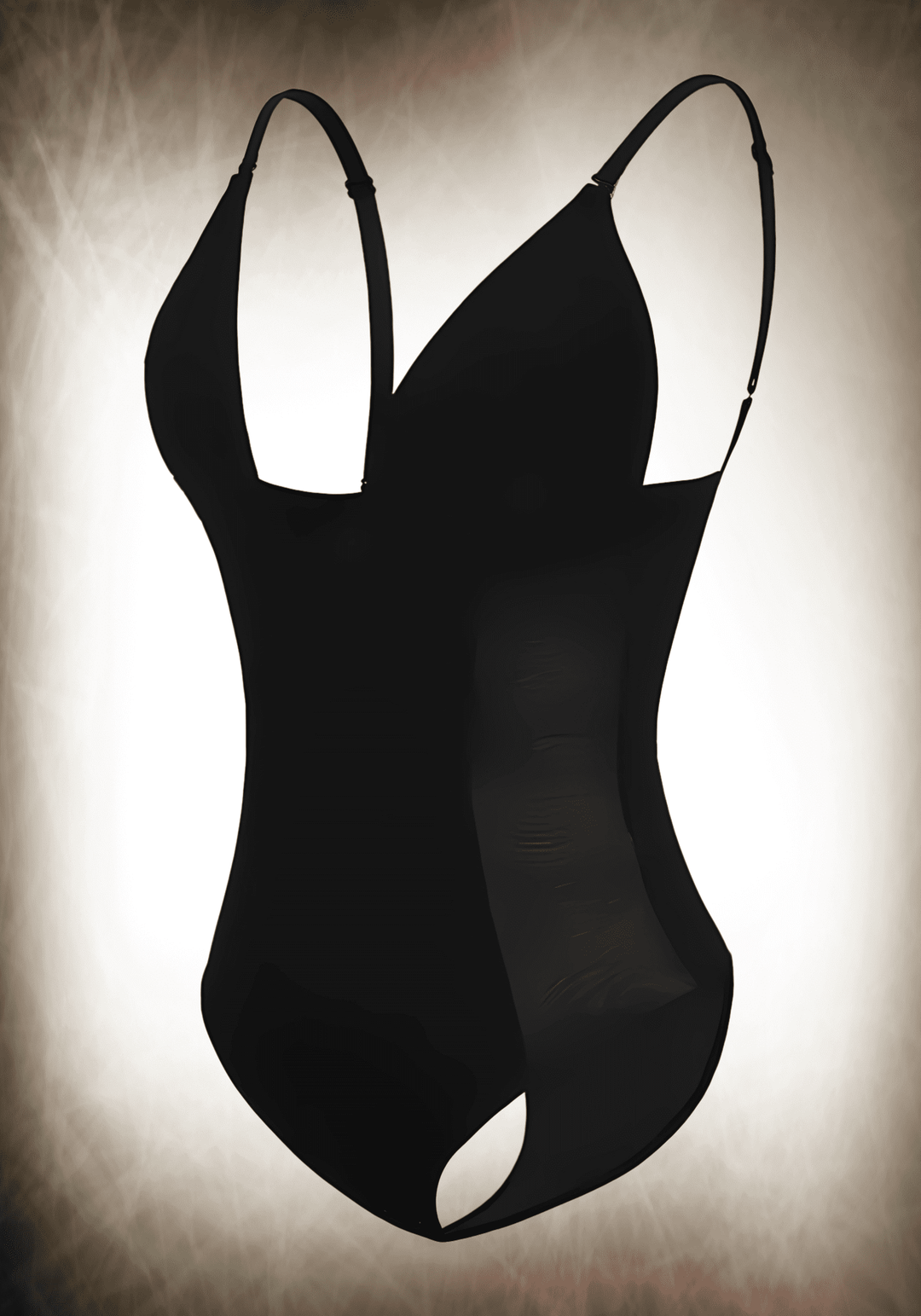 Low back thong bodysuit with adjustable straps and sculpting seamless fabric for tummy control under low-back dresses