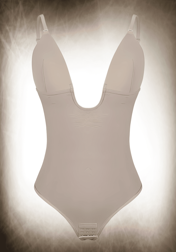 low back thong bodysuit with seamless sculpting fabric, adjustable straps, and tummy control for low-back dresses