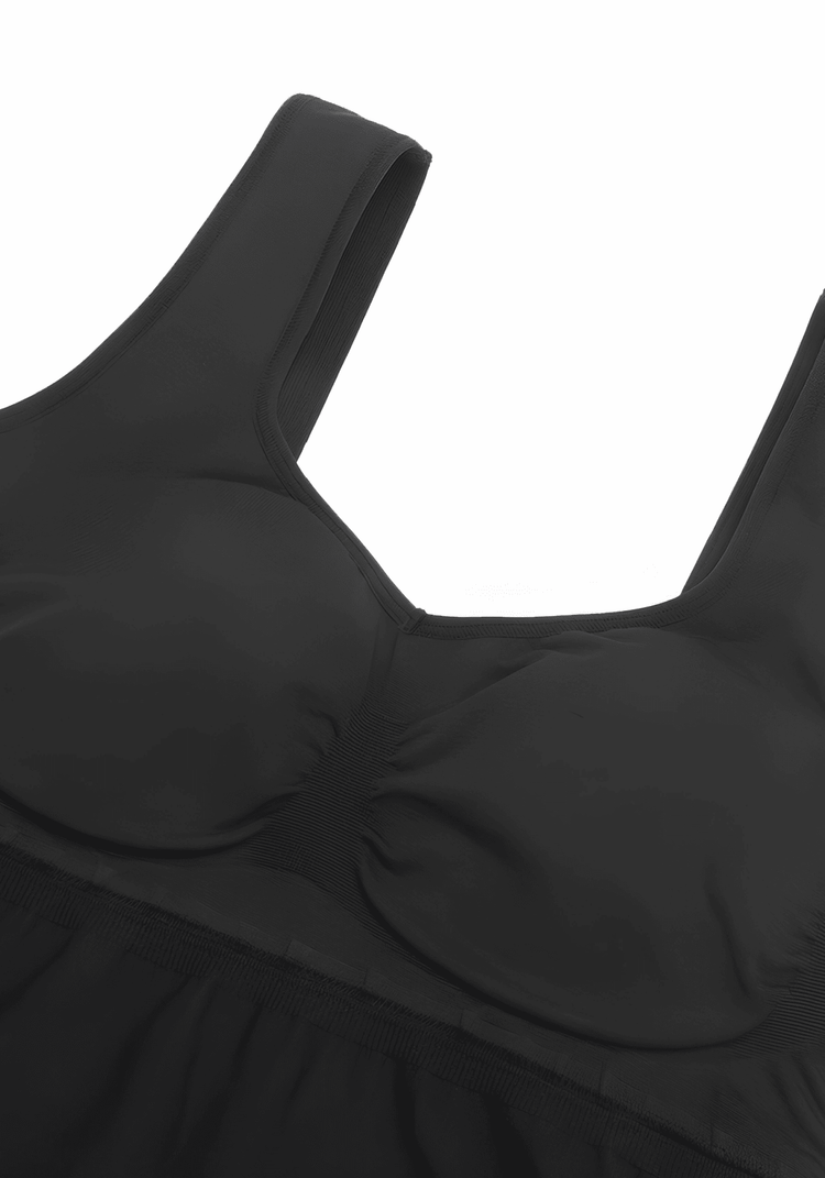 maternity catsuit black square-neck tank strap design with built-in shelf bra and smooth second-skin fit