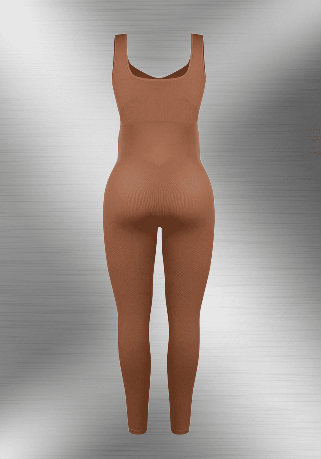 Maternity catsuit in brown with square neck, tank straps, and built-in shelf bra for a flattering bump-friendly fit