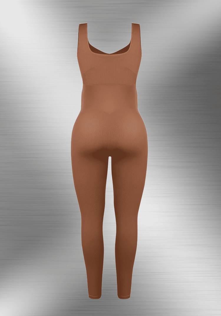 Maternity catsuit in brown with square neck, tank straps, and built-in shelf bra for a flattering bump-friendly fit