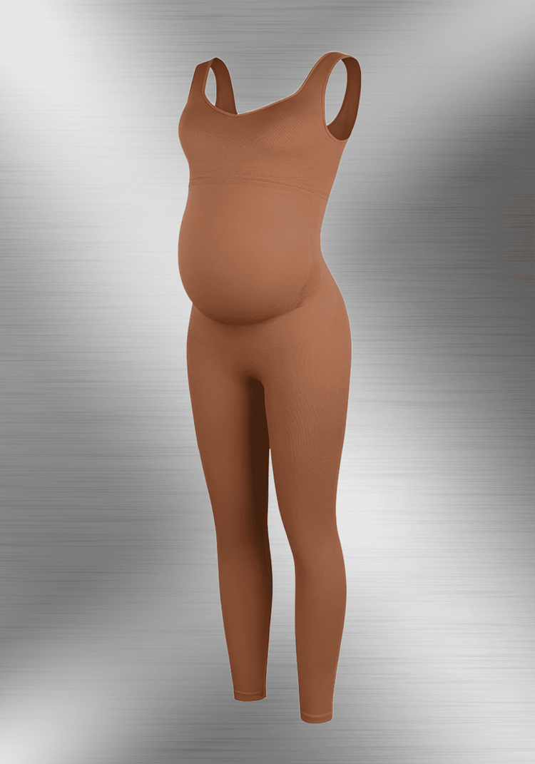 maternity catsuit in brown with tank straps, square neck, built-in shelf bra, and stretchy second-skin fit for growing bump
