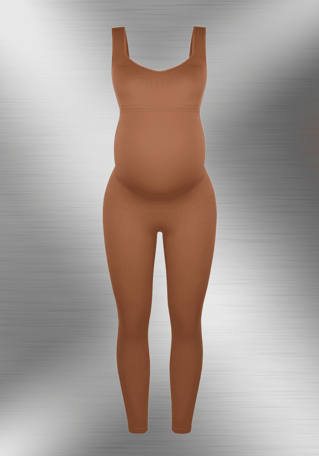 maternity catsuit in brown with square neck, tank straps, built-in shelf bra, and stretchy fitted design for pregnancy comfort