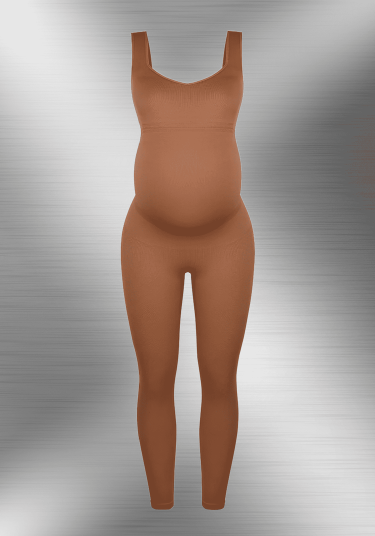 maternity catsuit in brown with square neck, tank straps, built-in shelf bra, and stretchy fitted design for pregnancy comfort