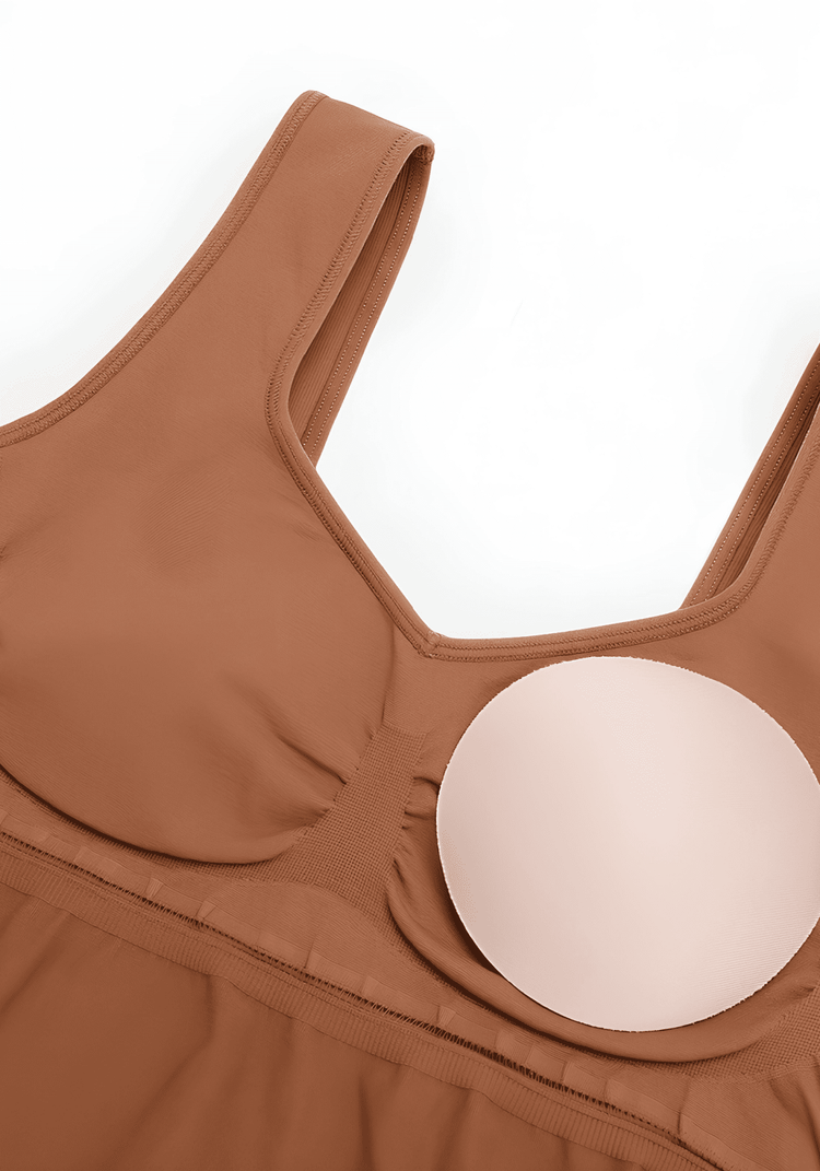 Maternity catsuit in brown with square neck, built-in shelf bra, and buttery-soft stretch fabric for growing bump