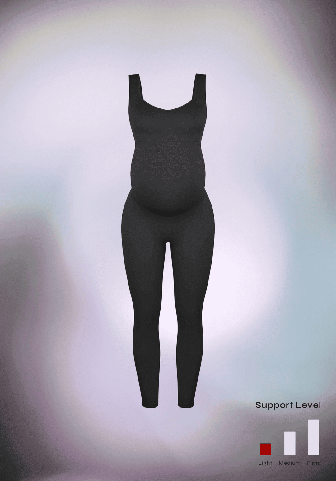 Maternity catsuit in black with square neck, tank straps, and built-in shelf bra for a flattering, supportive fit