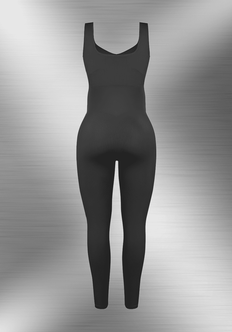 maternity catsuit in black with square neck, tank straps, and built-in shelf bra for a flattering fit