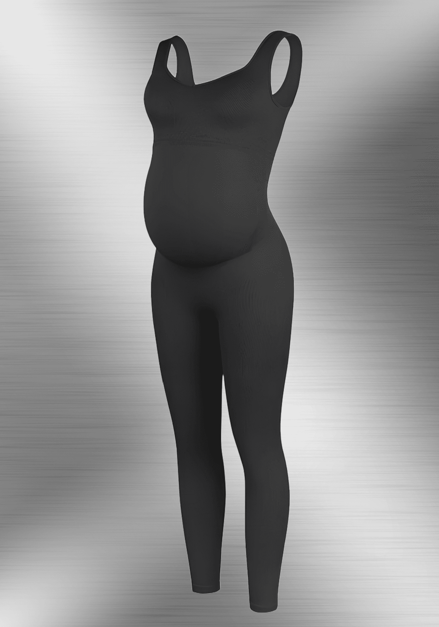 maternity catsuit in black with square neck, tank straps, and built-in shelf bra for a flattering bump-friendly fit