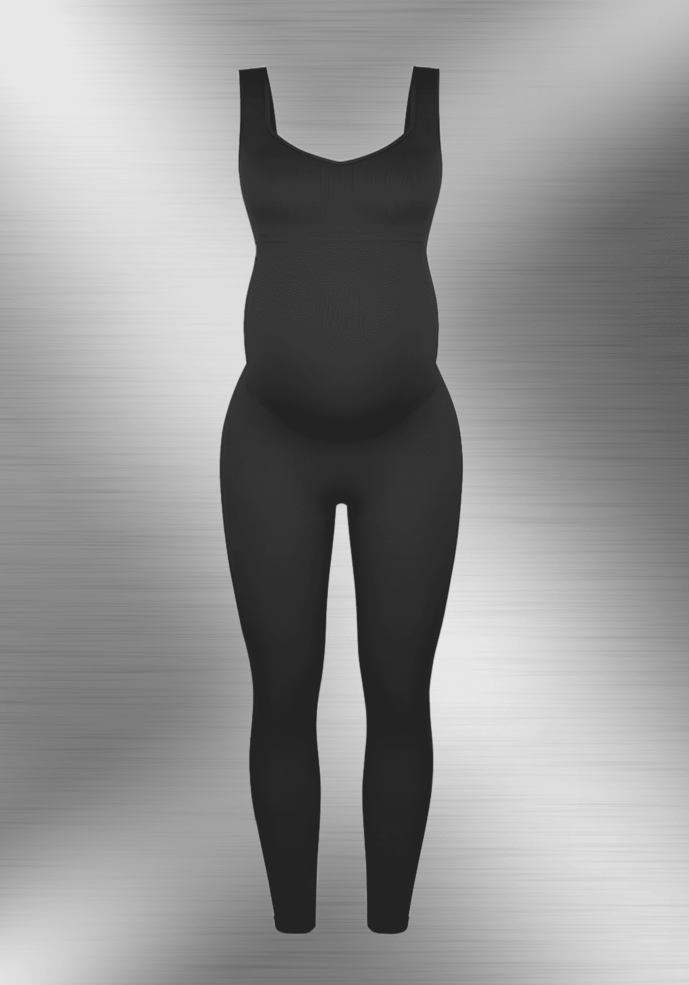 Maternity catsuit in black with square neck, tank straps, and a flattering second-skin fit for growing bumps