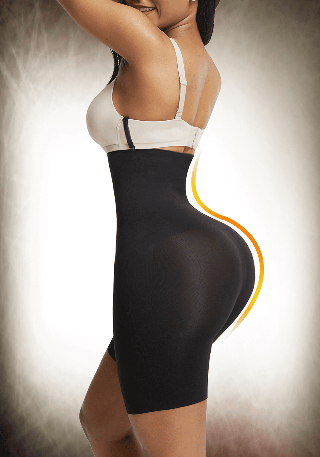mid-thigh body shaper with three clip closure for tummy control, waist slimming, and lifted back-thigh support