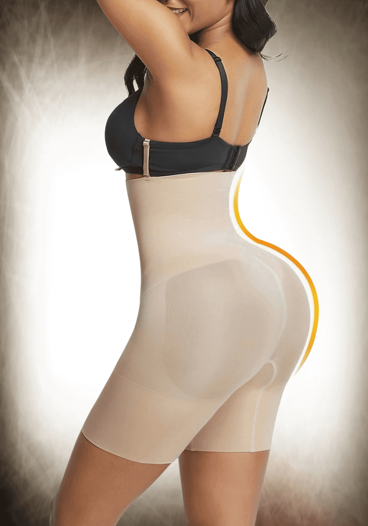 mid-thigh body shaper with medium compression, tummy control, and lifted back-thigh support for a smoother silhouette