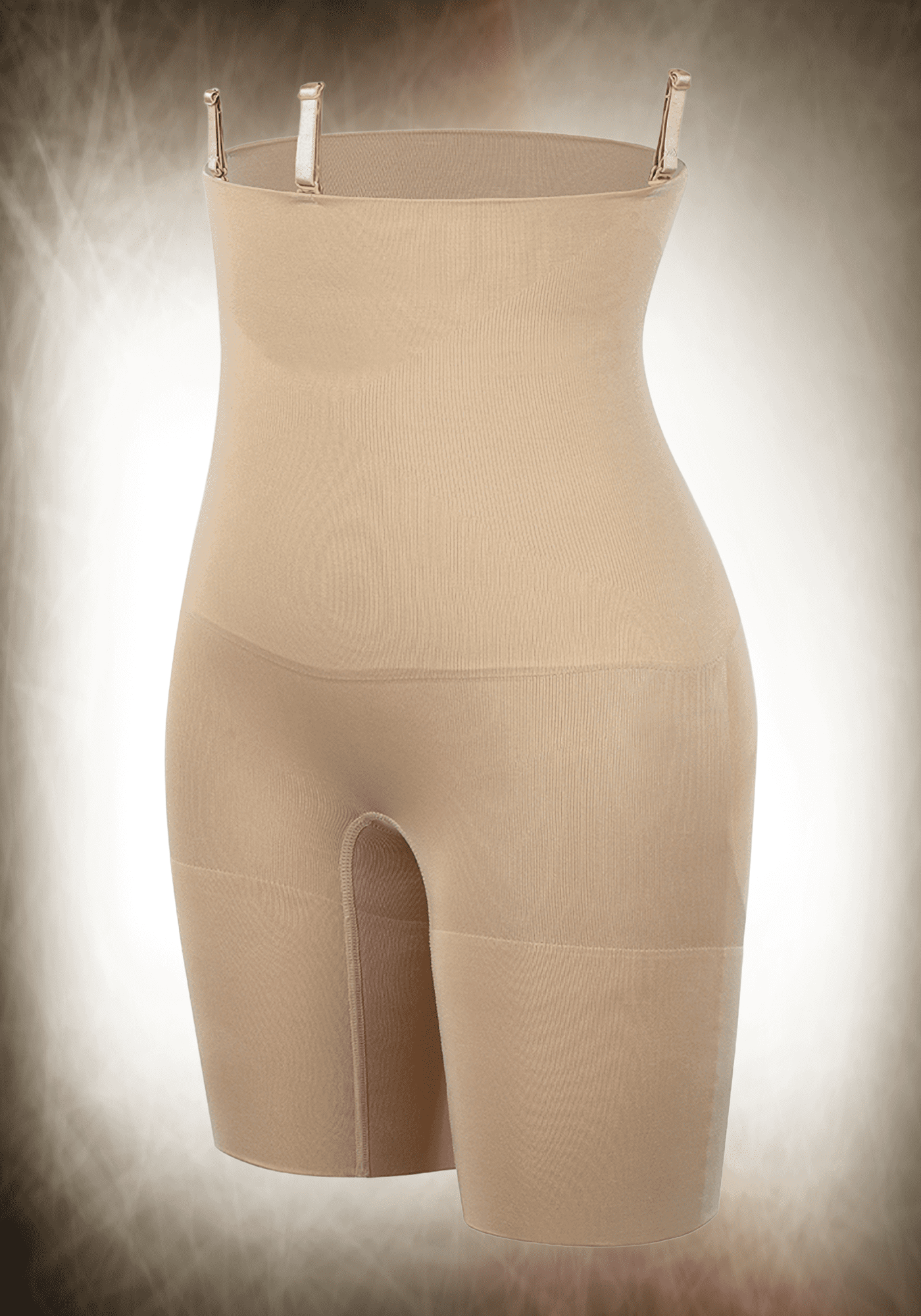 mid-thigh body shaper with three clip closure and tummy control for waist slimming and lifted look