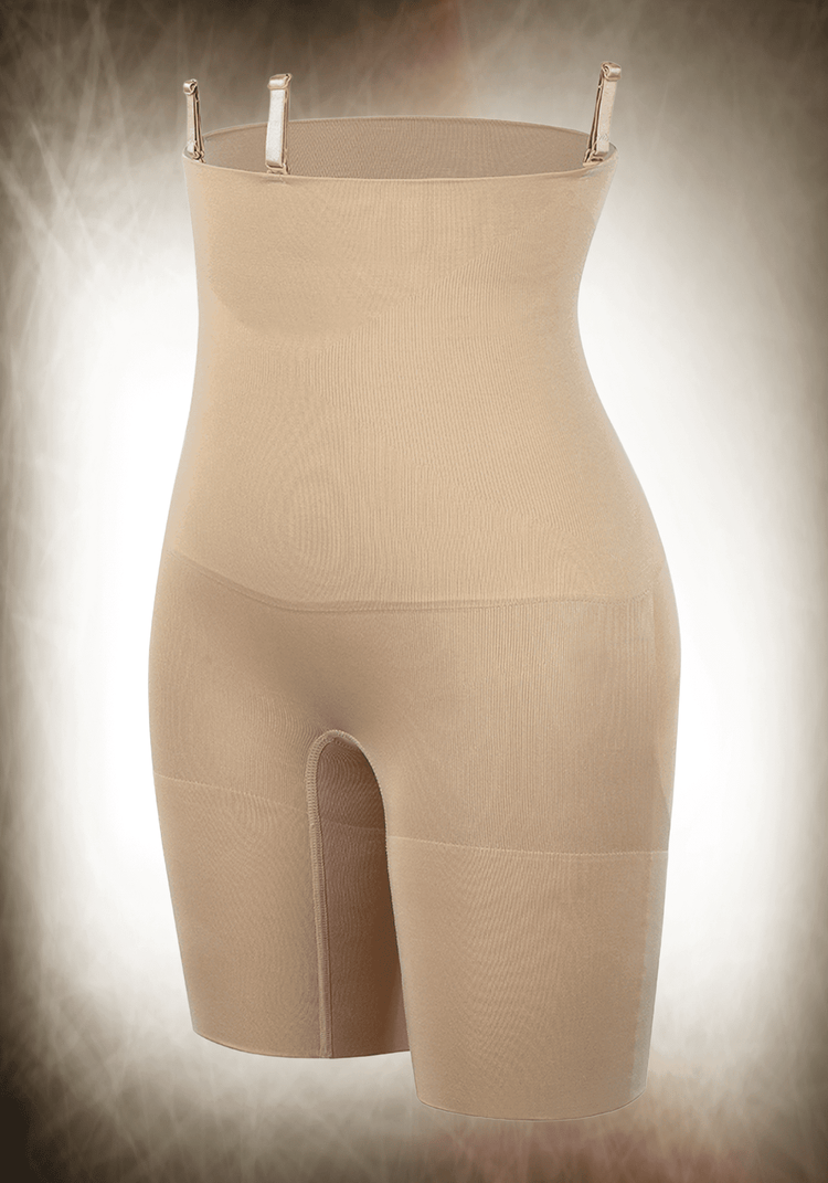mid-thigh body shaper with three clip closure and tummy control for waist slimming and lifted look