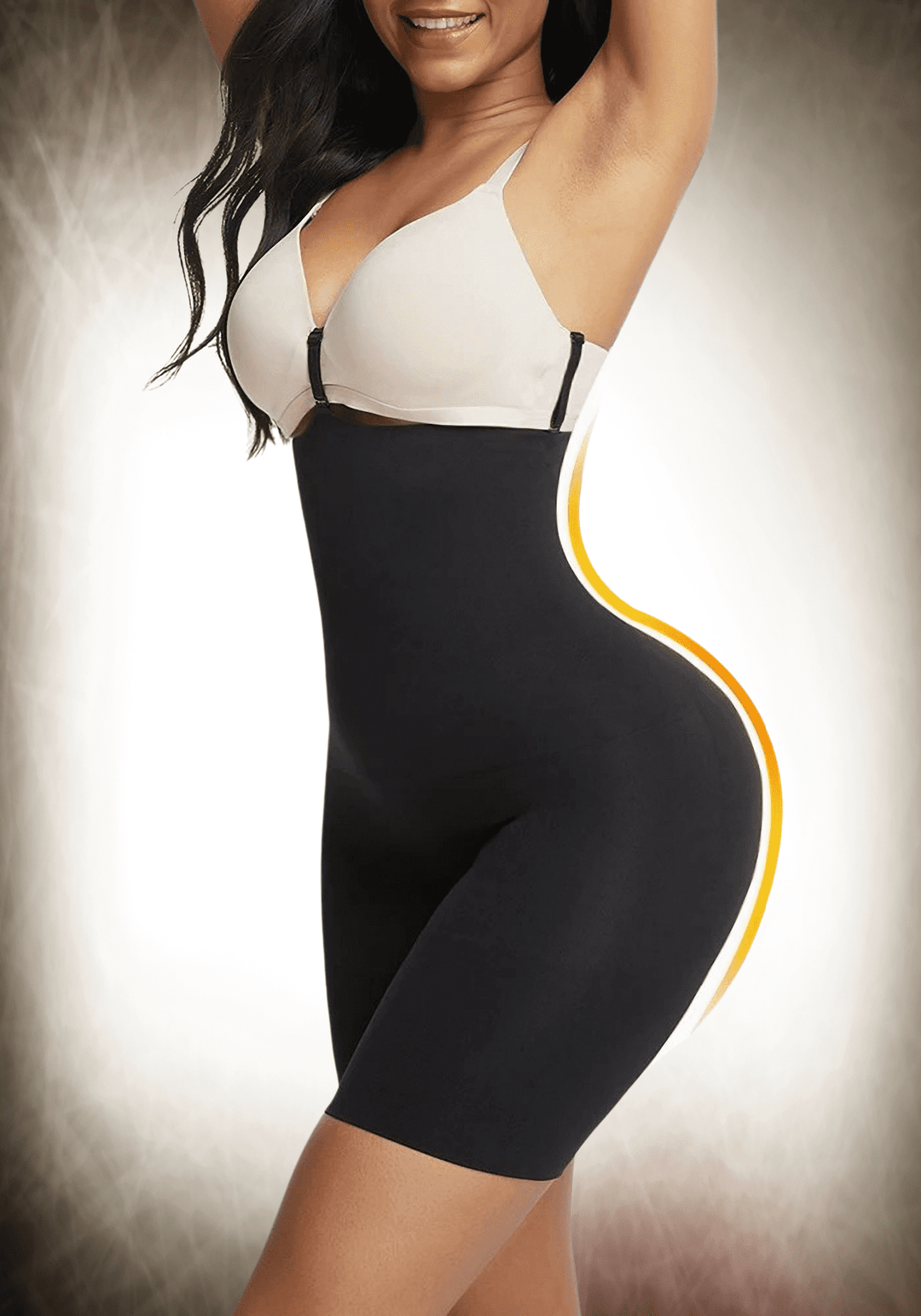 mid-thigh body shaper with medium compression, tummy control, and lifted back-thigh support for a smoother silhouette