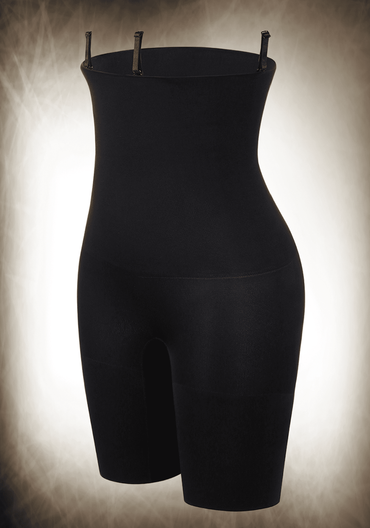 Black mid-thigh body shaper with tummy control, waist slimming, and lifted hip support for a smooth silhouette.