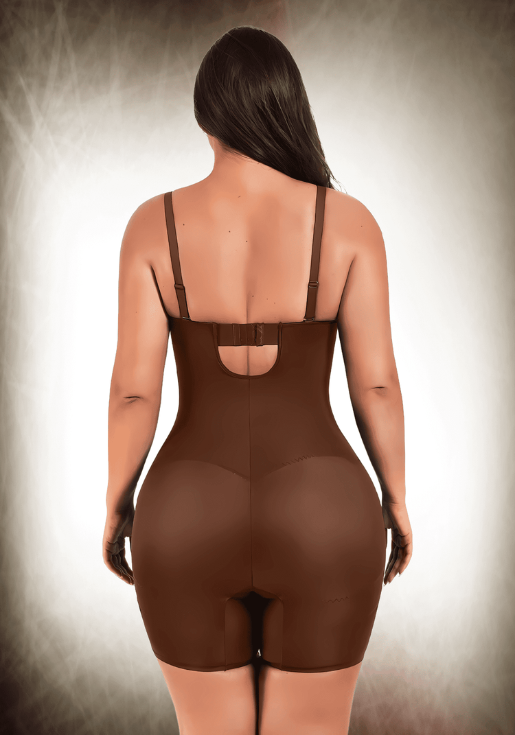 Brown mid-thigh tummy control bodysuit with adjustable straps, back closure, and slimming compression for a smooth silhouette