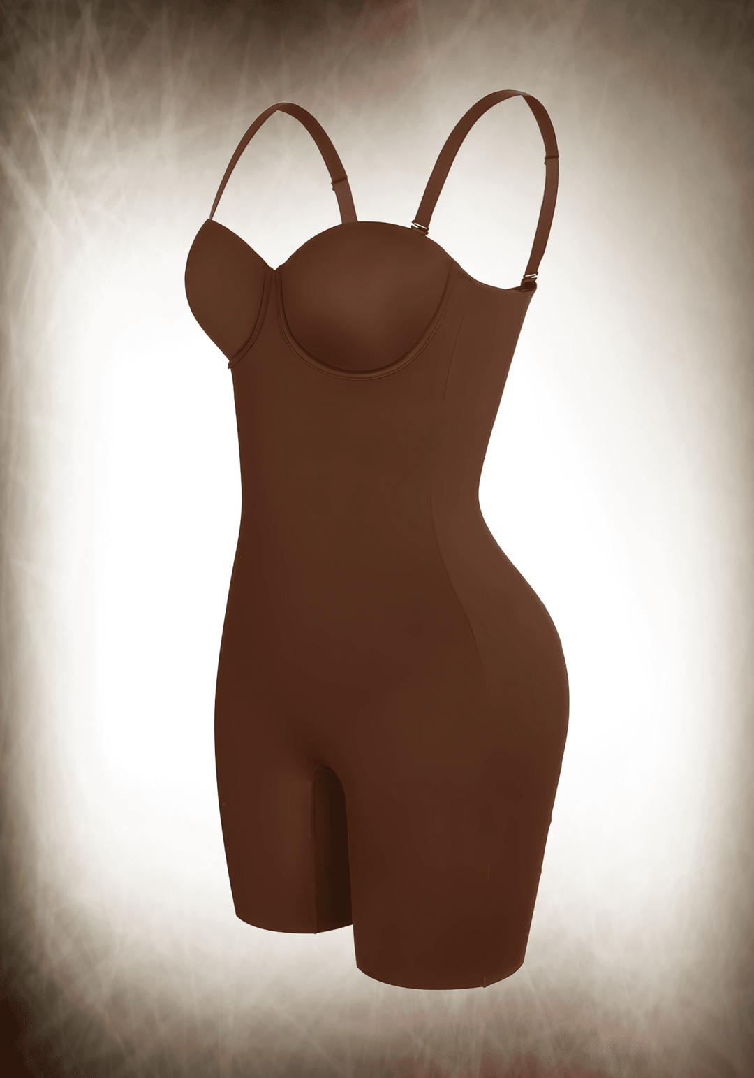 Brown mid-thigh tummy control bodysuit with cupped underwire bra, adjustable straps, and slimming compression fit