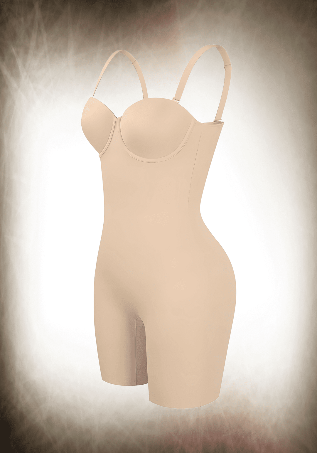 Fancy mid-thigh tummy control bodysuit with underwire support, slimming compression, and adjustable back closure.