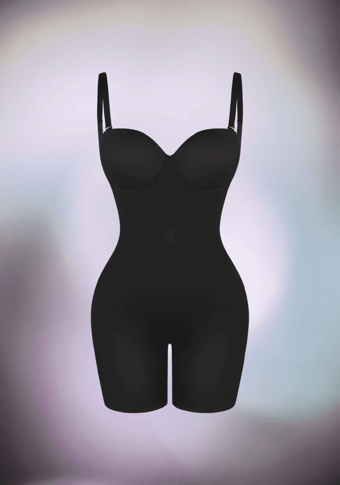 Black mid-thigh tummy control bodysuit with cupped bust and slimming compression design