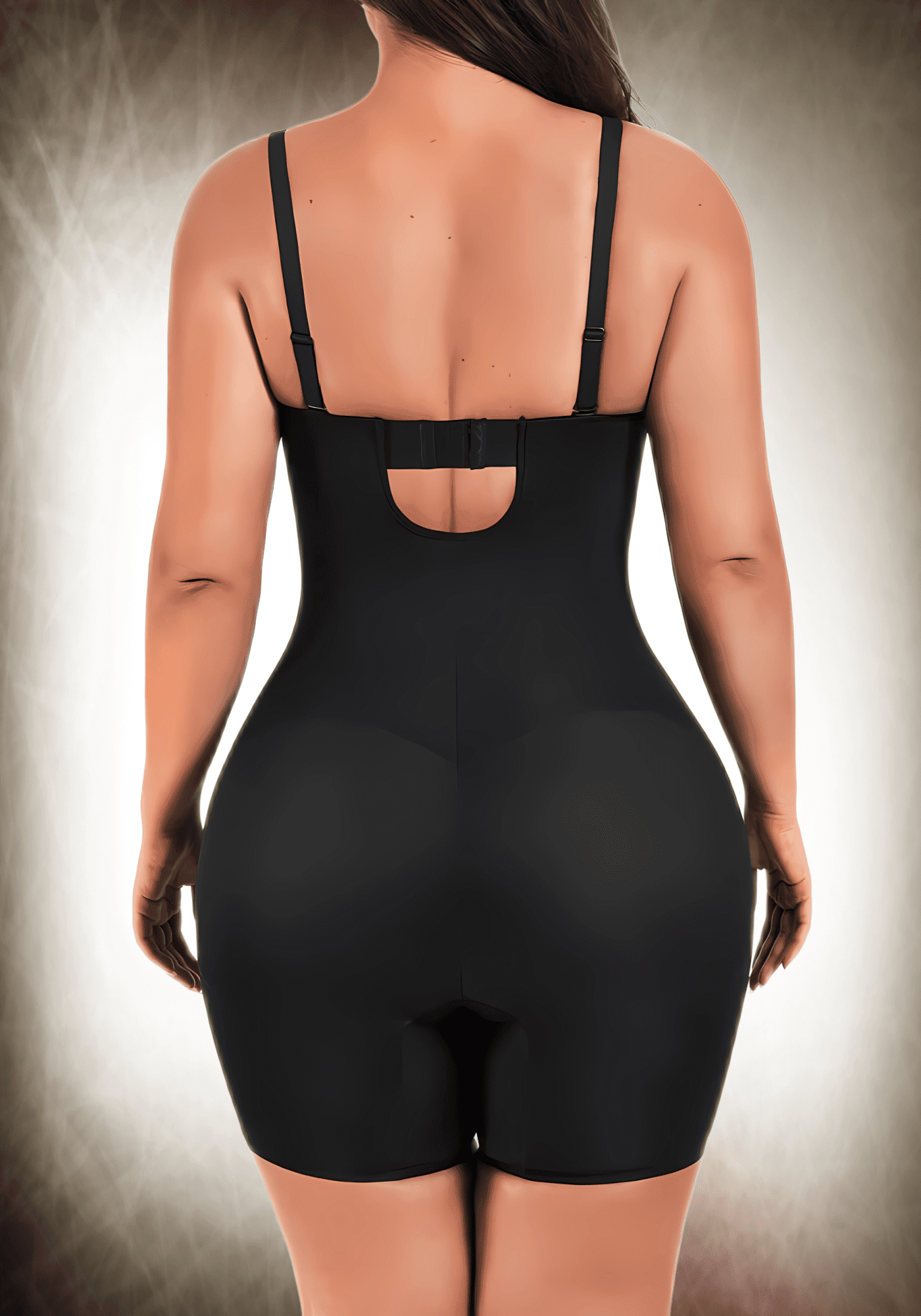 mid-thigh tummy control bodysuit with back hook-and-eye closure and slimming compression for supportive fit