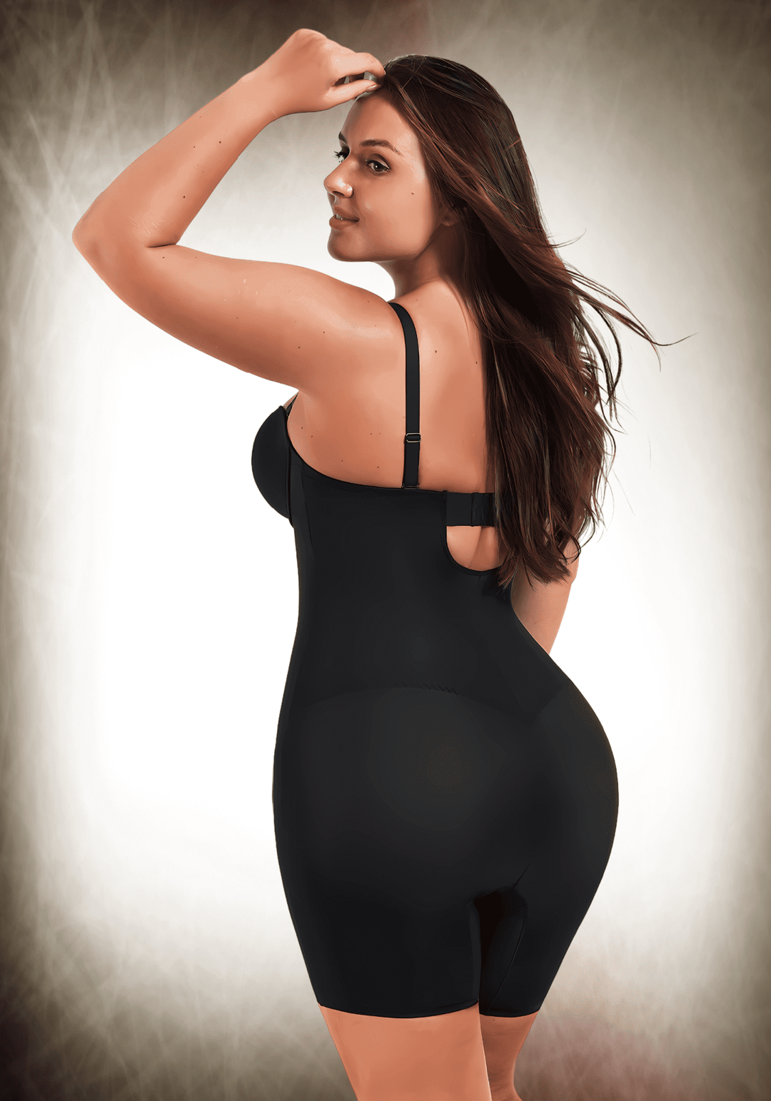 mid-thigh tummy control bodysuit black slimming shapewear with adjustable straps and supportive fit