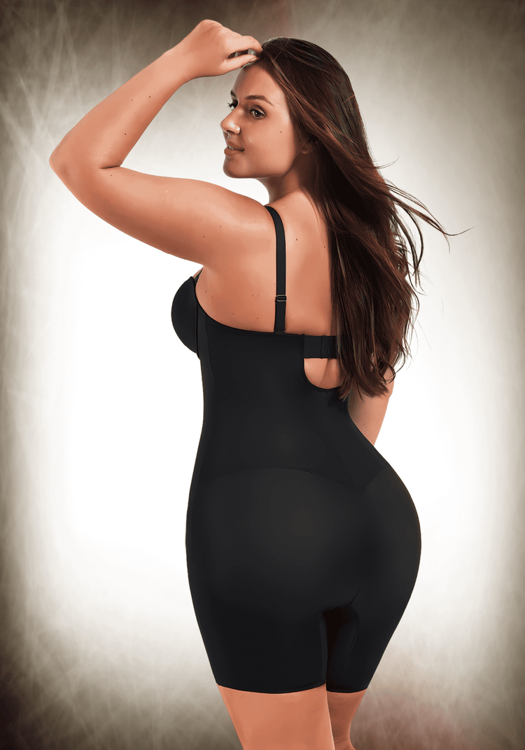 mid-thigh tummy control bodysuit black slimming shapewear with adjustable straps and supportive fit