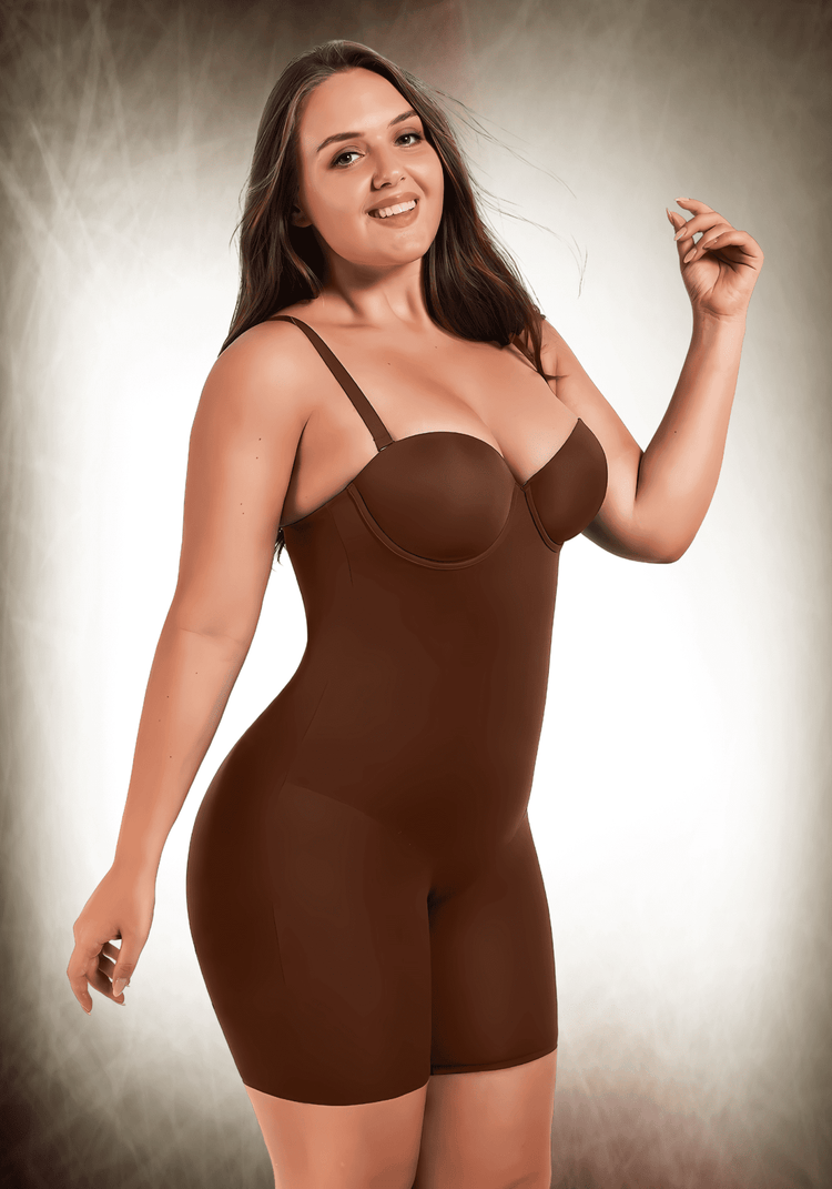 Mid-thigh tummy control bodysuit with underwire cups and slimming compression for a smooth, supportive fit