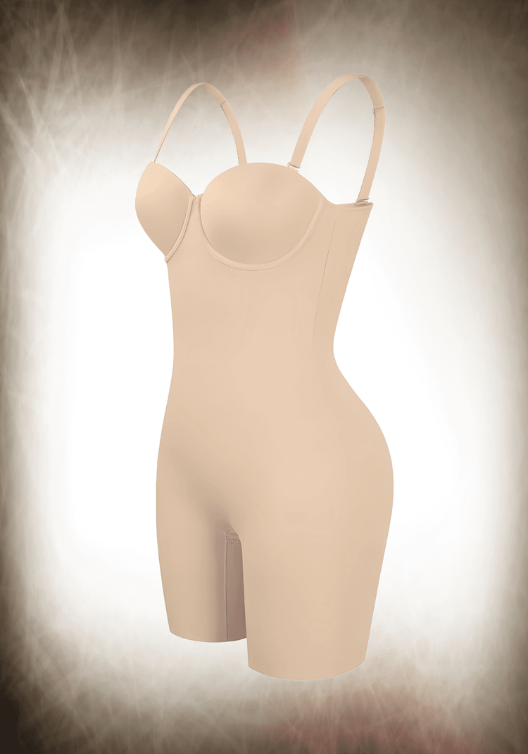 Fancy mid-thigh tummy control bodysuit with underwire support, slimming compression, and adjustable back closure.