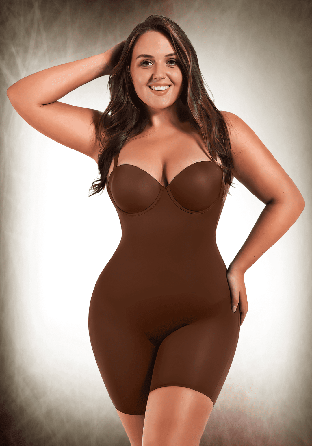 Smiling woman wearing a brown mid-thigh tummy control bodysuit with underwire support and slimming compression