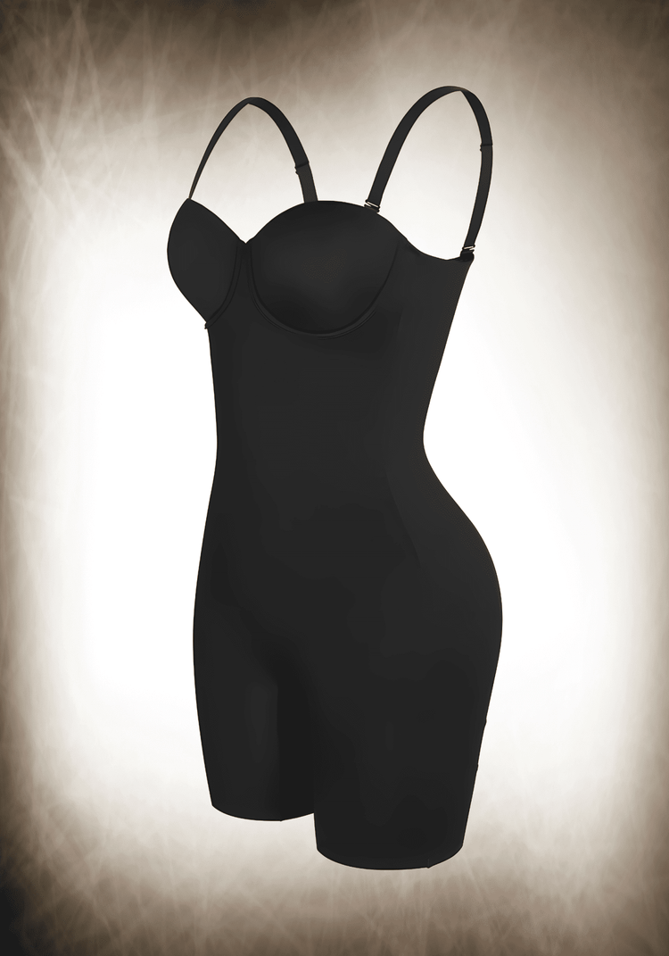 Black mid-thigh tummy control bodysuit with underwire cups and adjustable straps for slimming support