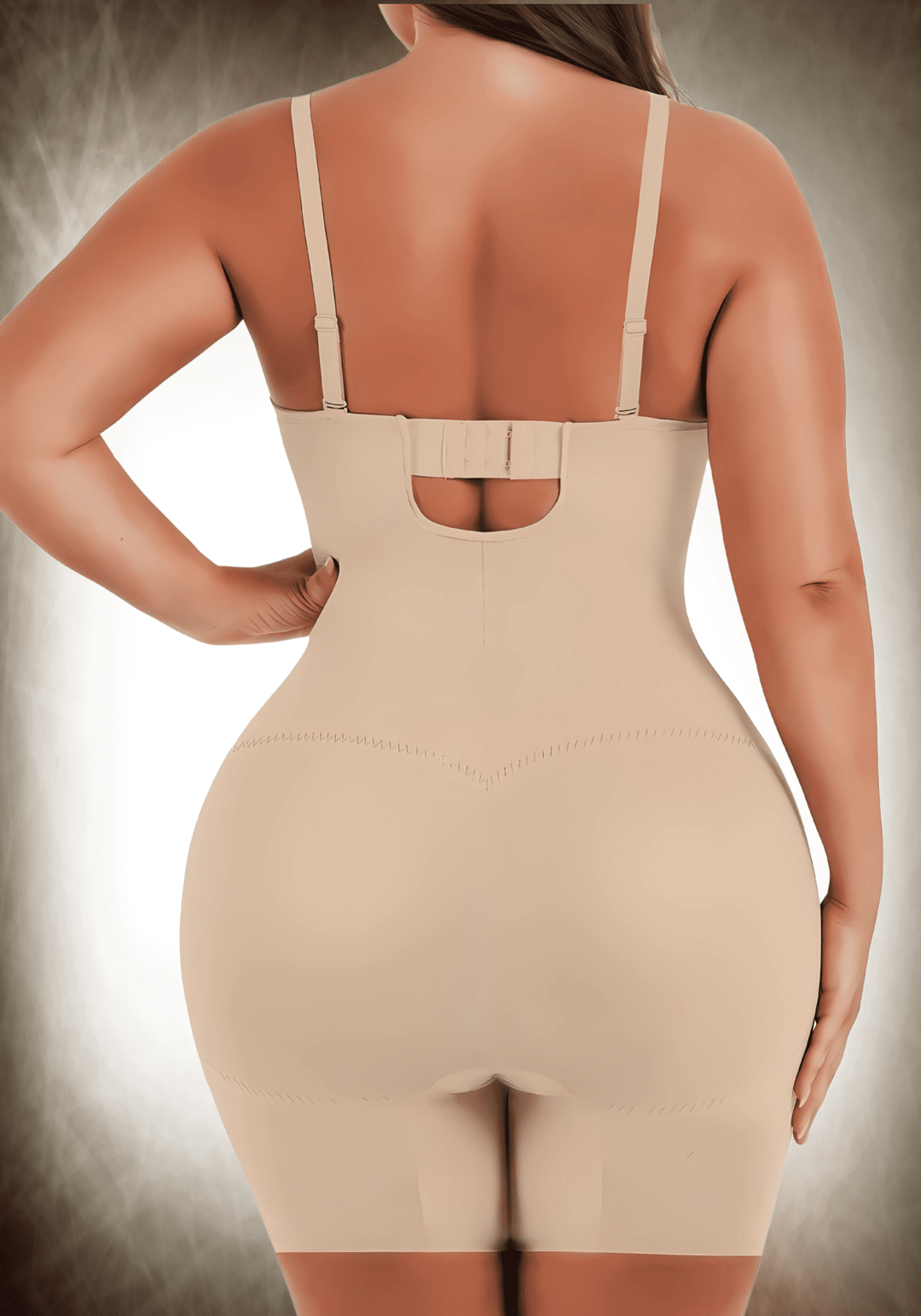 Back view of a mid-thigh tummy control bodysuit with adjustable straps and slimming compression fit