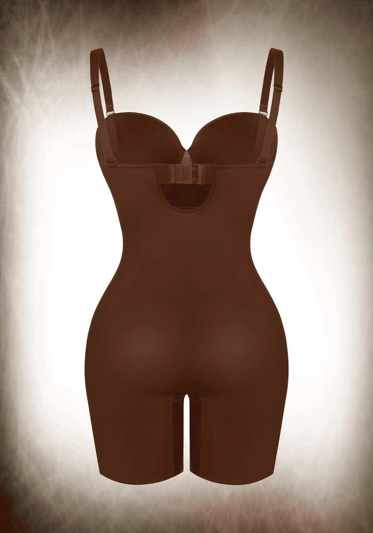mid-thigh tummy control bodysuit with underwire cups, slimming compression, and adjustable back closure