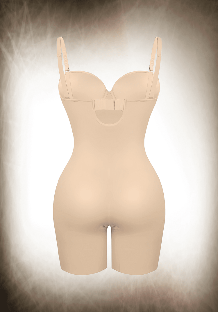 Fancy mid-thigh tummy control bodysuit with underwire cups and slimming compression, designed for support and a smooth fit