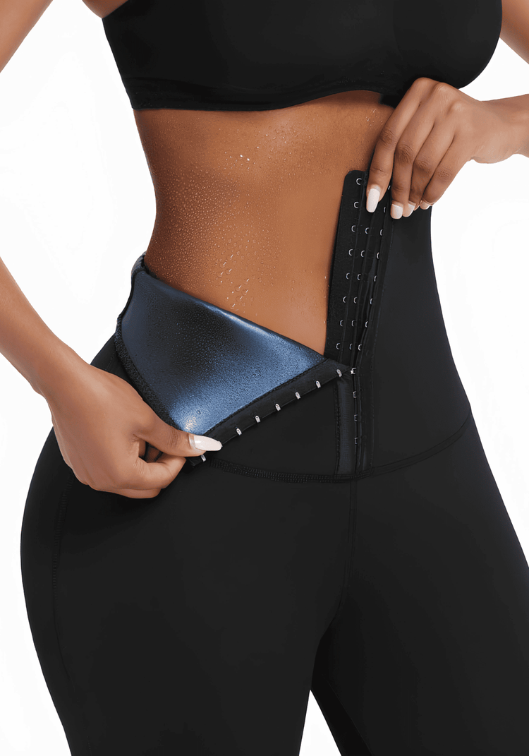 neoprene workout leggings with hook-and-eye closure, body-hugging fit, and sweat-activating slimming design