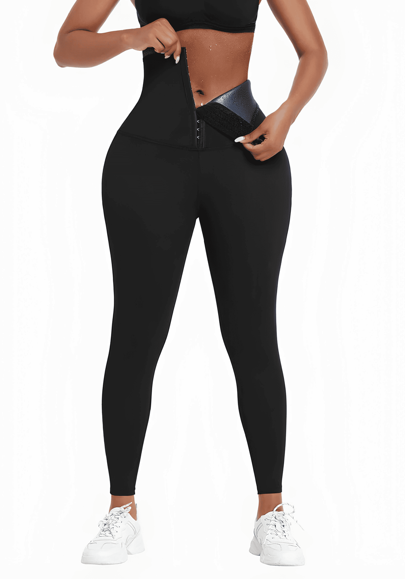 neoprene workout leggings with waist trainer design and hook-and-eye closure for supportive fat-burning workouts