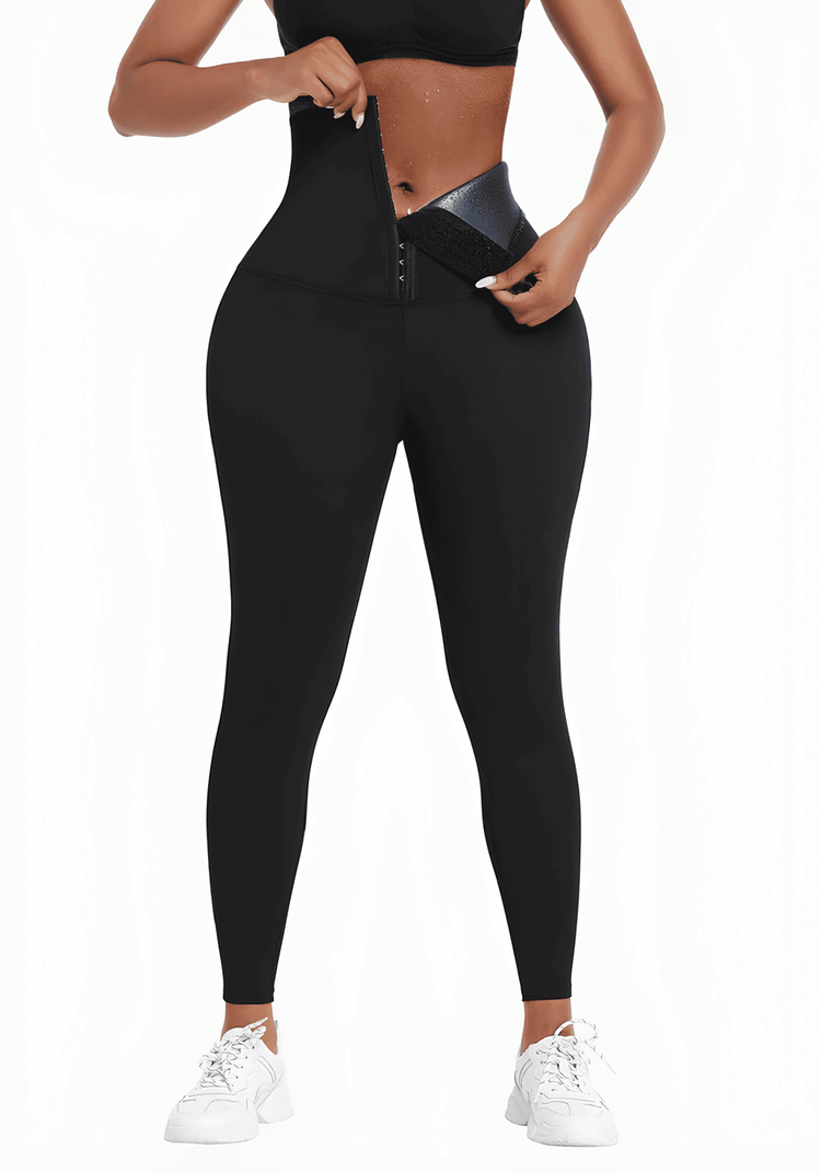 neoprene workout leggings with waist trainer design and hook-and-eye closure for supportive fat-burning workouts