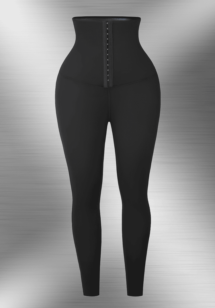 neoprene workout leggings with high waist, front hook-and-eye closure, and body-hugging slimming fit for training