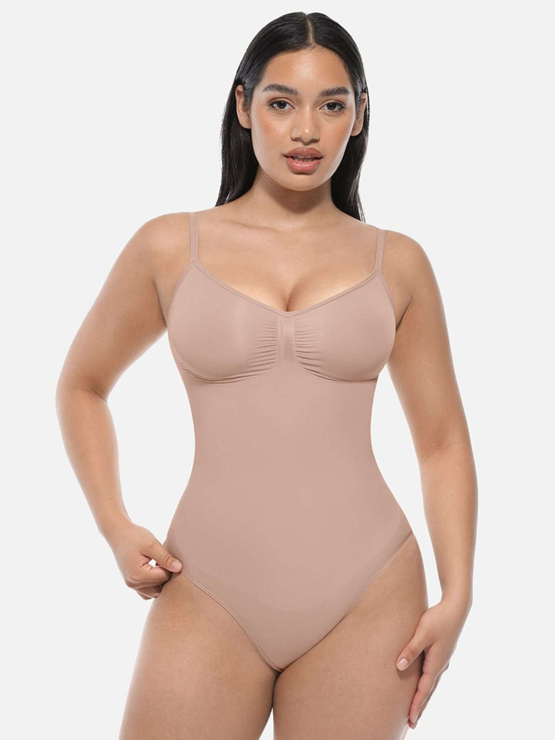 one-piece thong bodysuit with adjustable straps, light control shaping, and chest support for a sleek fitted look