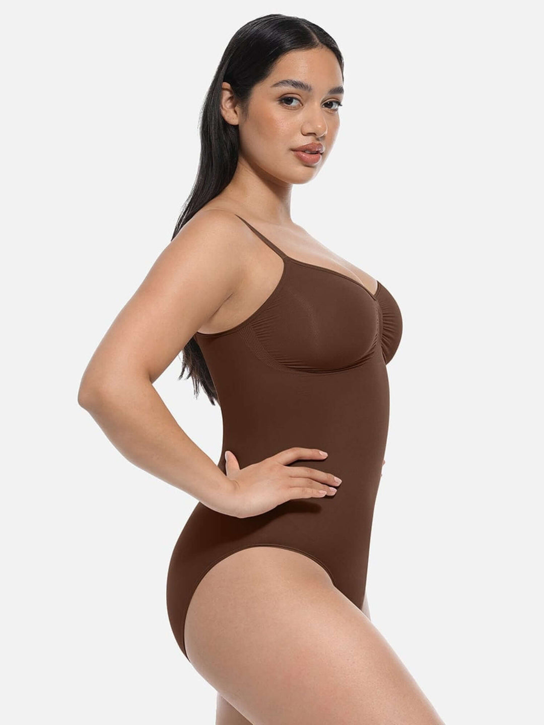 one-piece thong bodysuit with adjustable straps, light control, body shaping support, and sleek brown fit