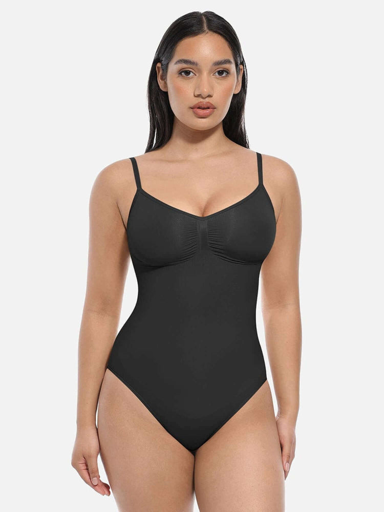 Bare Sculpt Seamless Thong Bodysuit in black, showcasing supportive cups and sleek design.