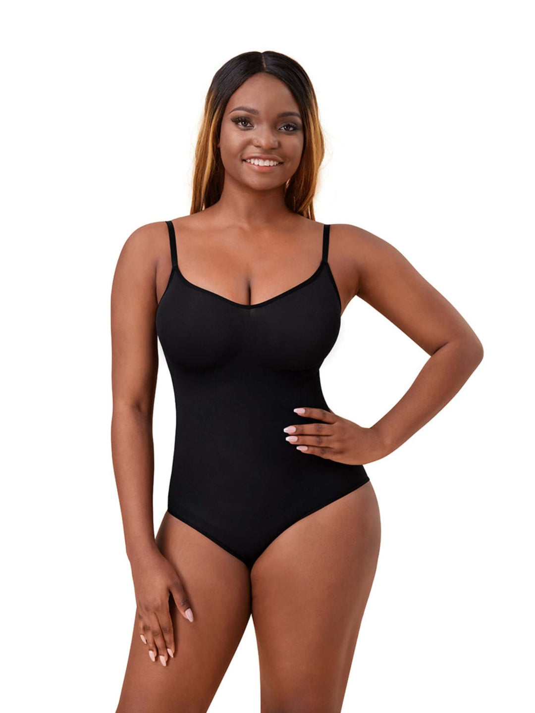 One-piece thong bodysuit with adjustable straps, light control shaping, and a sleek black fit for a chic silhouette.