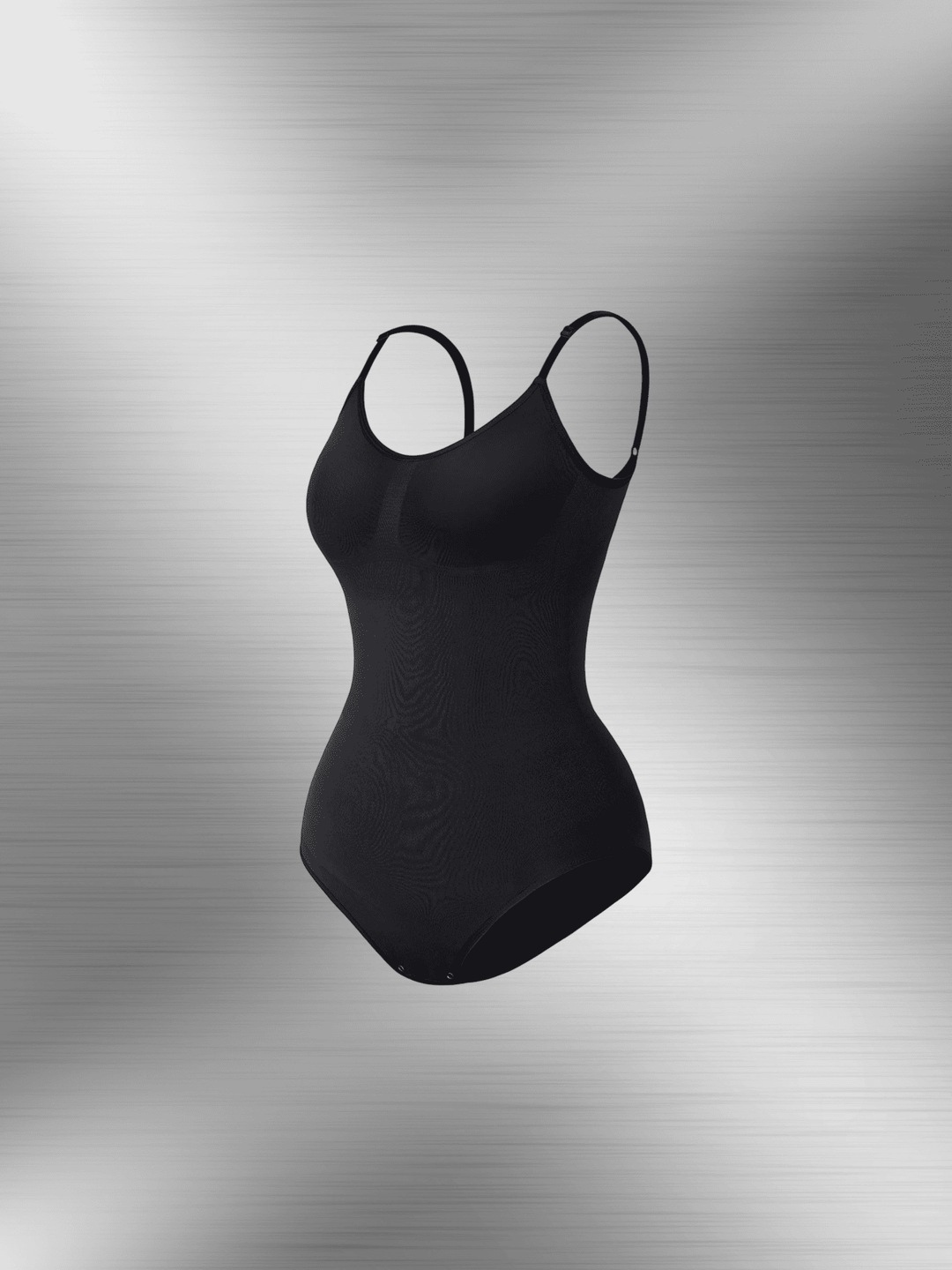 one-piece thong bodysuit in black with adjustable straps, shaping fit, and thong back for sleek support