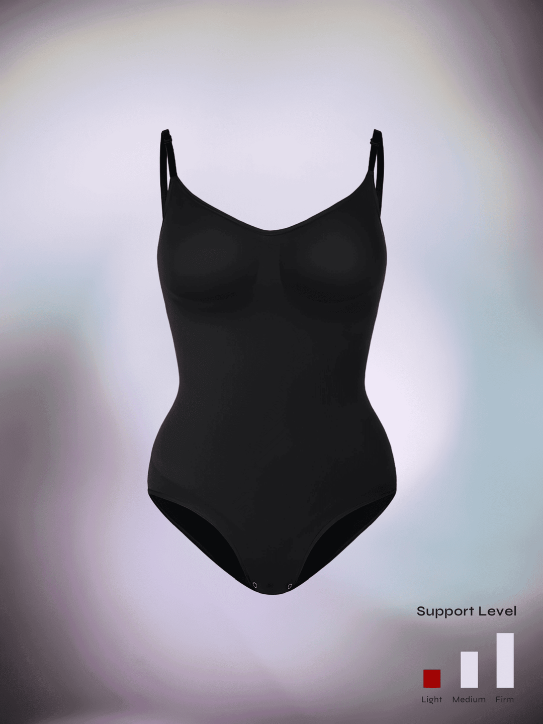 Black one-piece thong bodysuit with adjustable straps, light support, and shaping fit