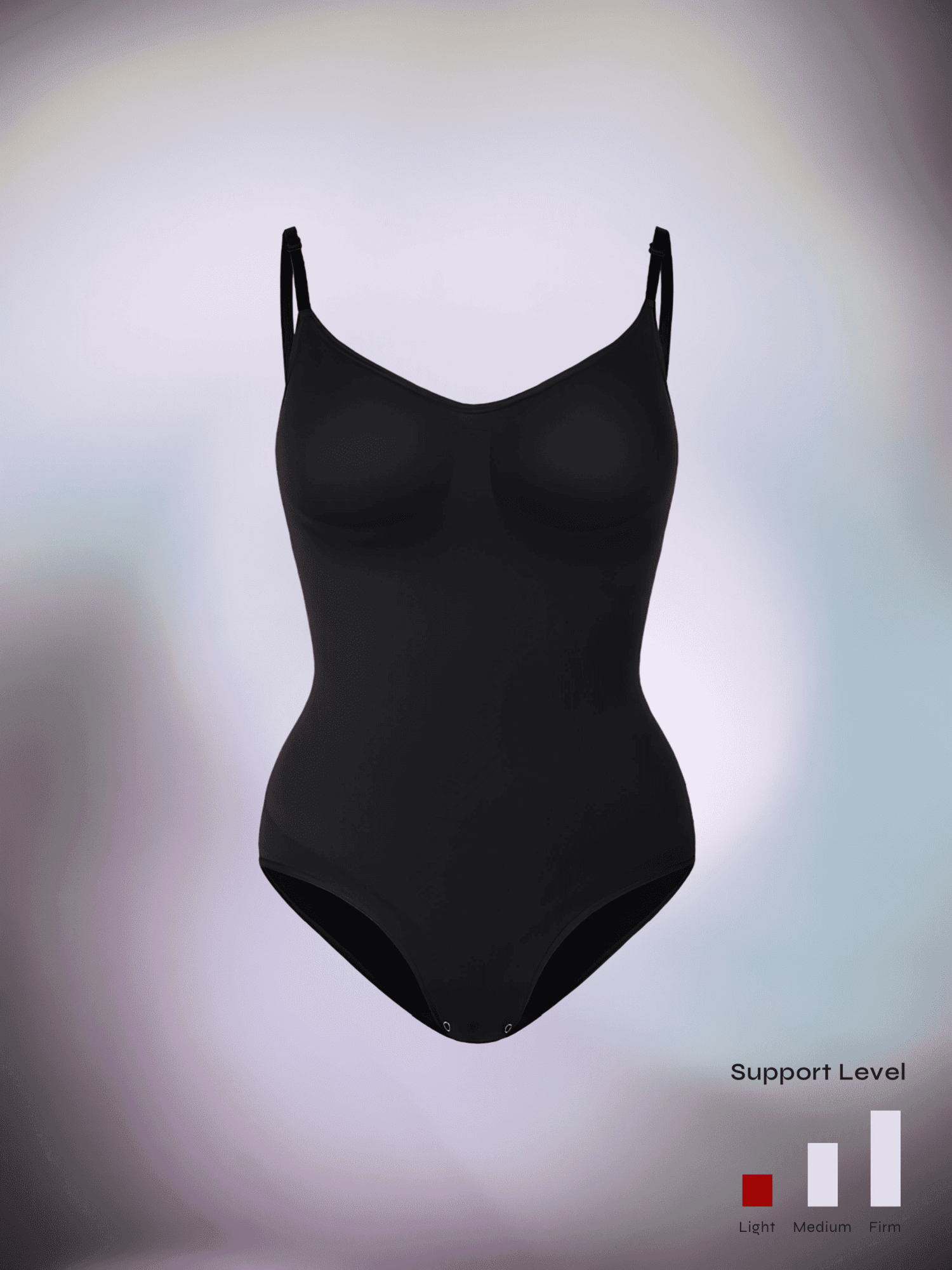 Black one-piece thong bodysuit with adjustable straps, light support, and shaping fit