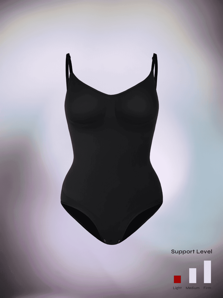 Black one-piece thong bodysuit with adjustable straps, light support, and shaping fit