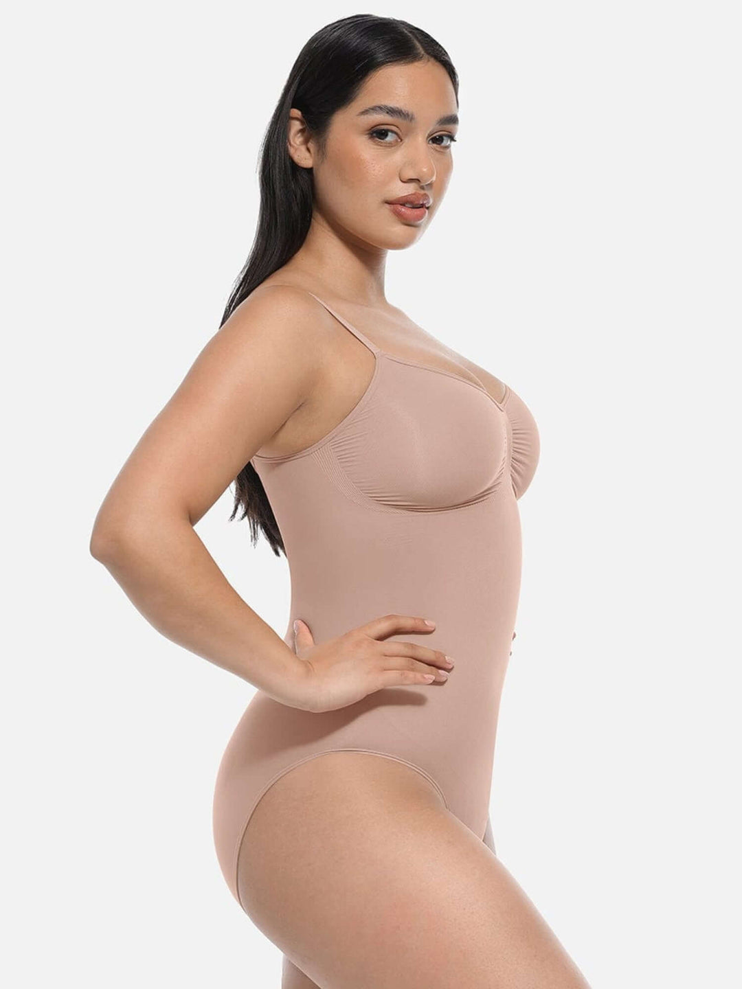 one-piece thong bodysuit with adjustable straps, light control body shaper, tummy smoothing and butt-lifting support