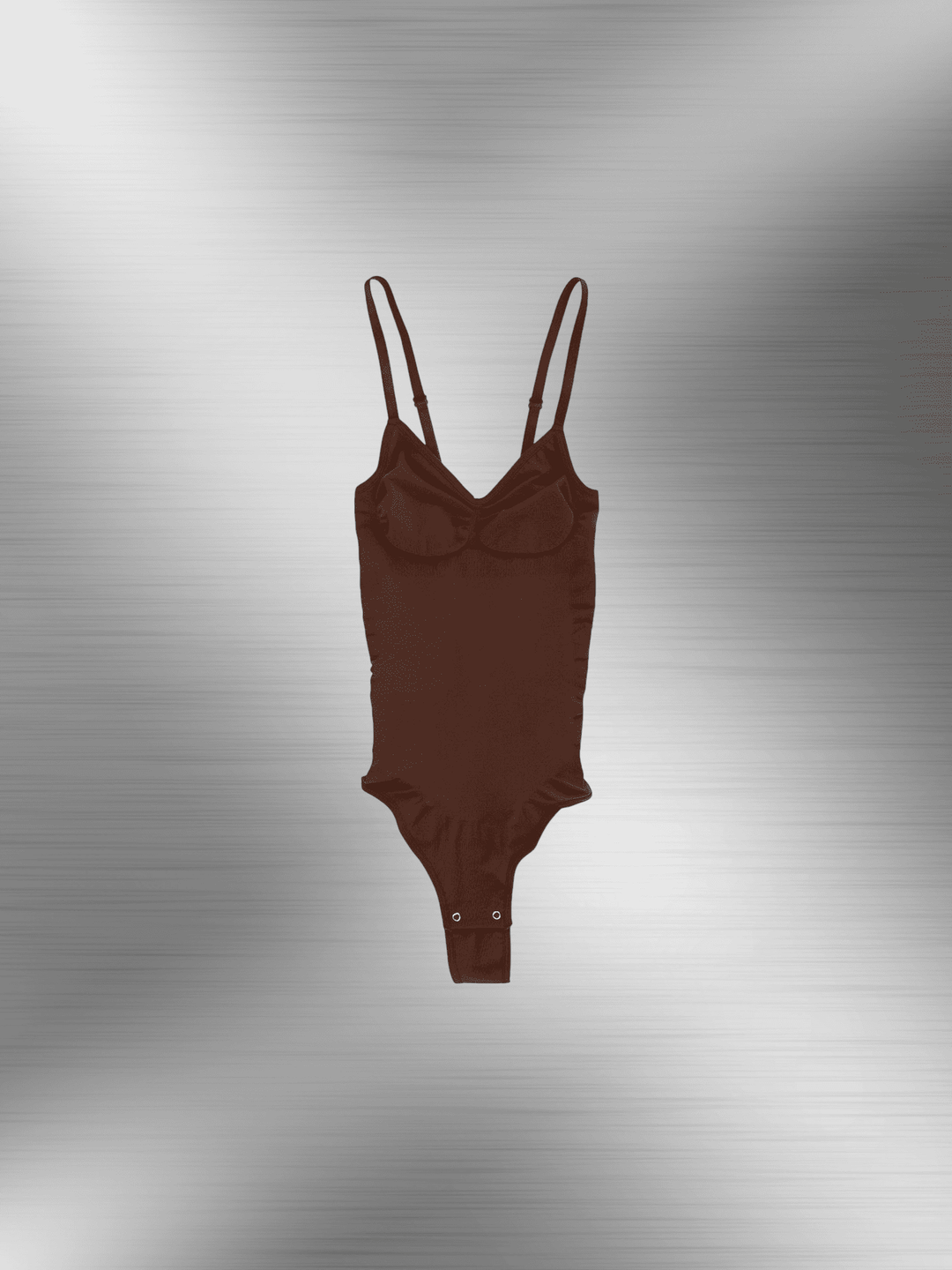 Brown open-back bodysuit with adjustable straps, low scoop back, and snap crotch closure for seamless under clothing